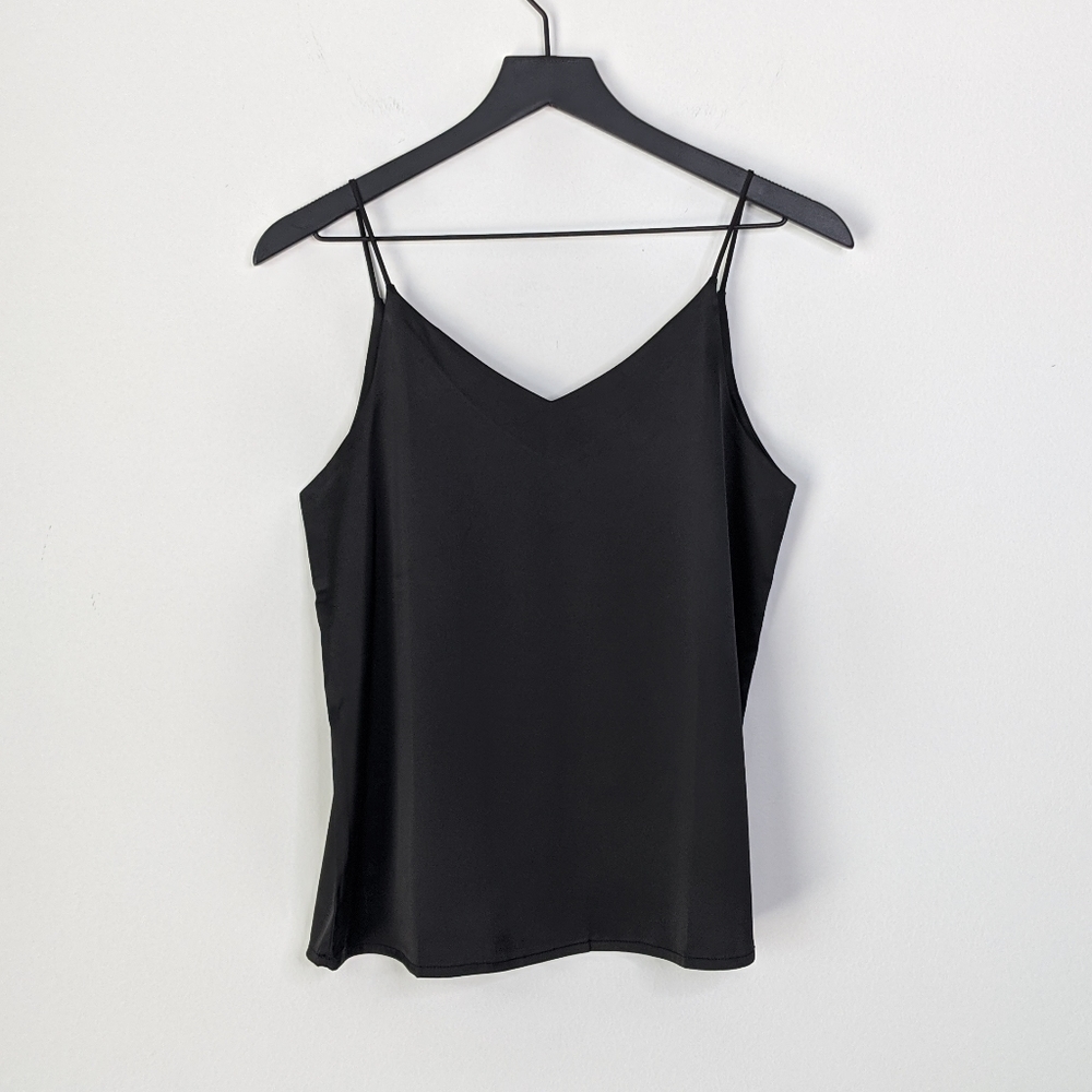 NO BRAND Black Satin Double V Tank Top Large EUC